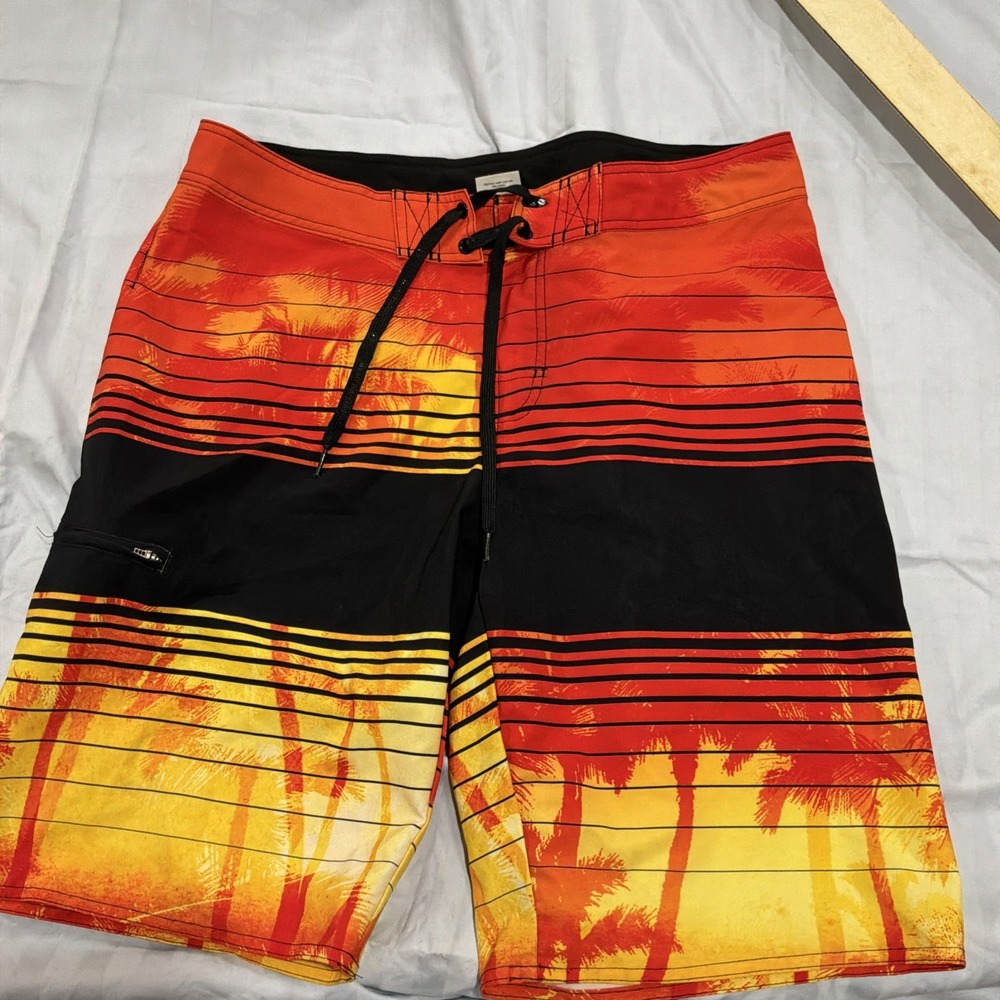 Surfcore Mens Hang Ten Board Shorts 34 Orange Sunset Palm Tree Trunks